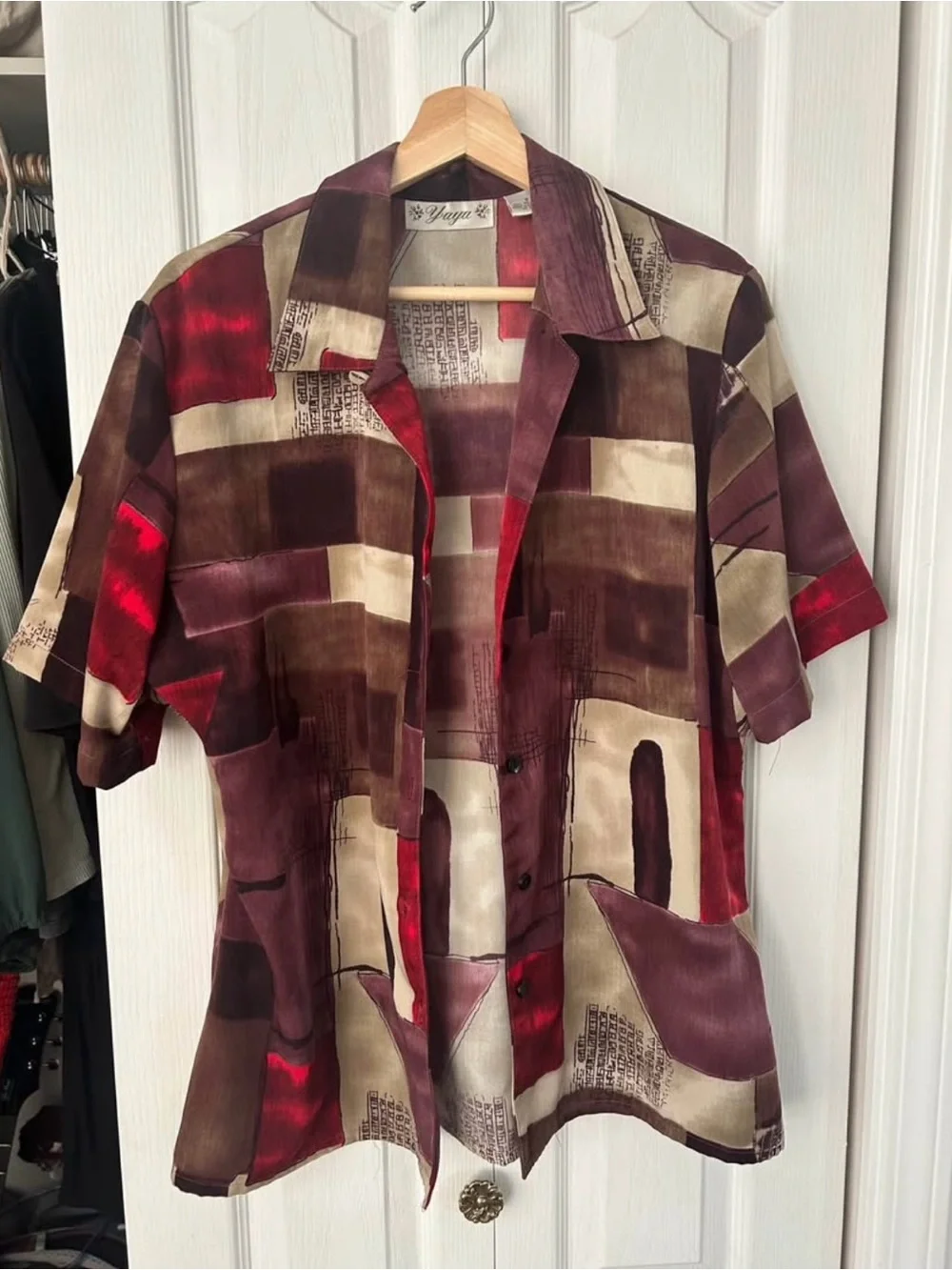 Vintage Abstract Block Print Button-Up Silk Shirt - Picture 1 of 1